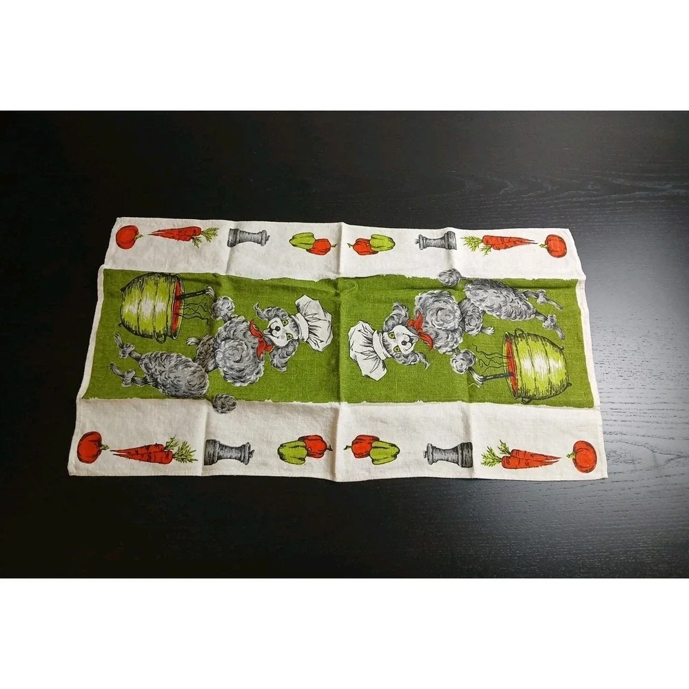 Vintage Printed‎ linen Towel Green & POODLE Dog Cooking Made Poland #457C